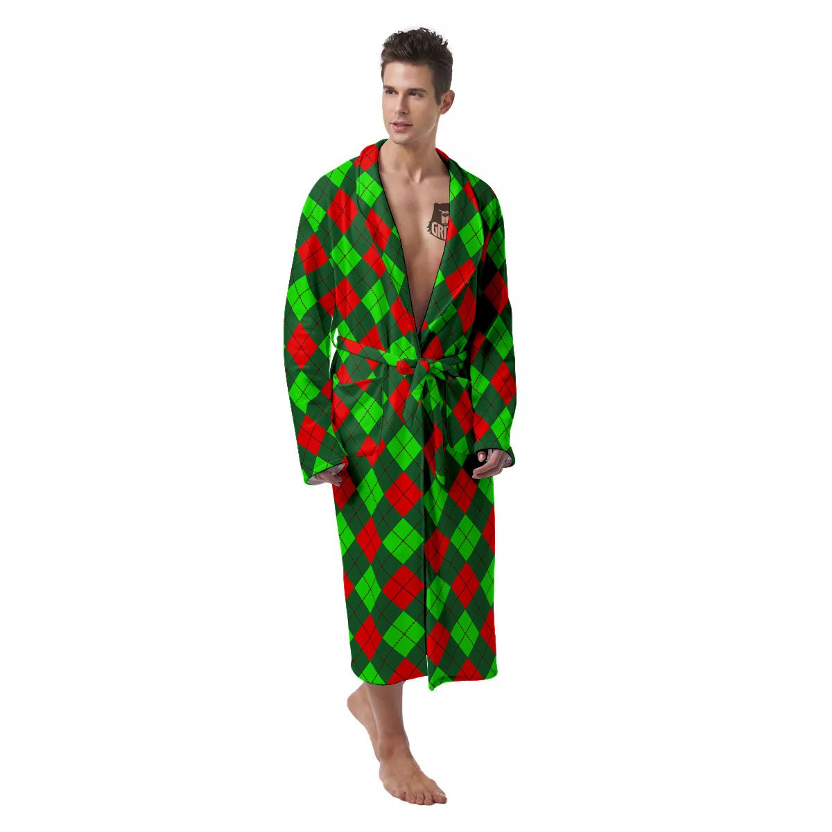 Argyle Green And Red Print Pattern Men's Robe-grizzshop