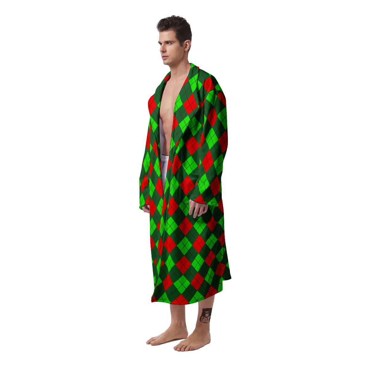 Argyle Green And Red Print Pattern Men's Robe-grizzshop