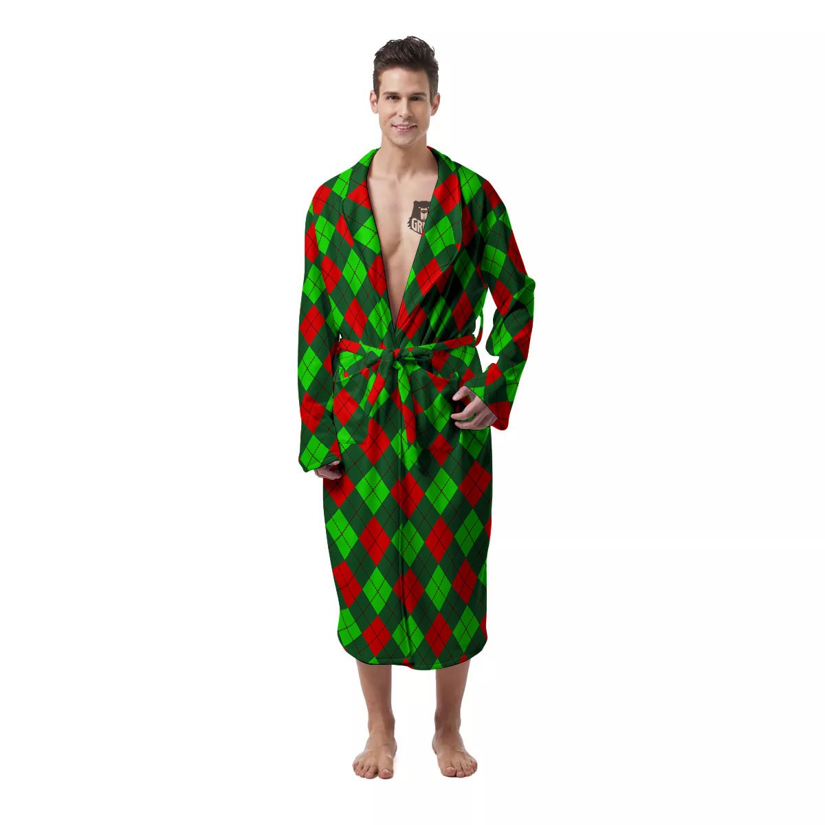 Argyle Green And Red Print Pattern Men's Robe-grizzshop