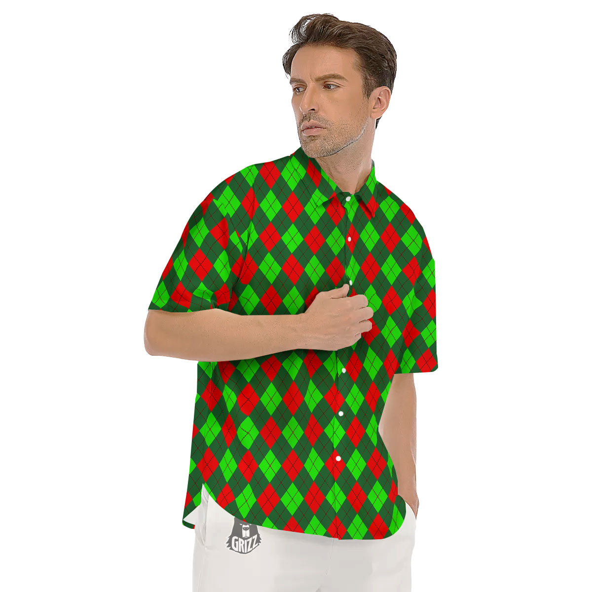 Argyle Green And Red Print Pattern Men's Short Sleeve Shirts-grizzshop