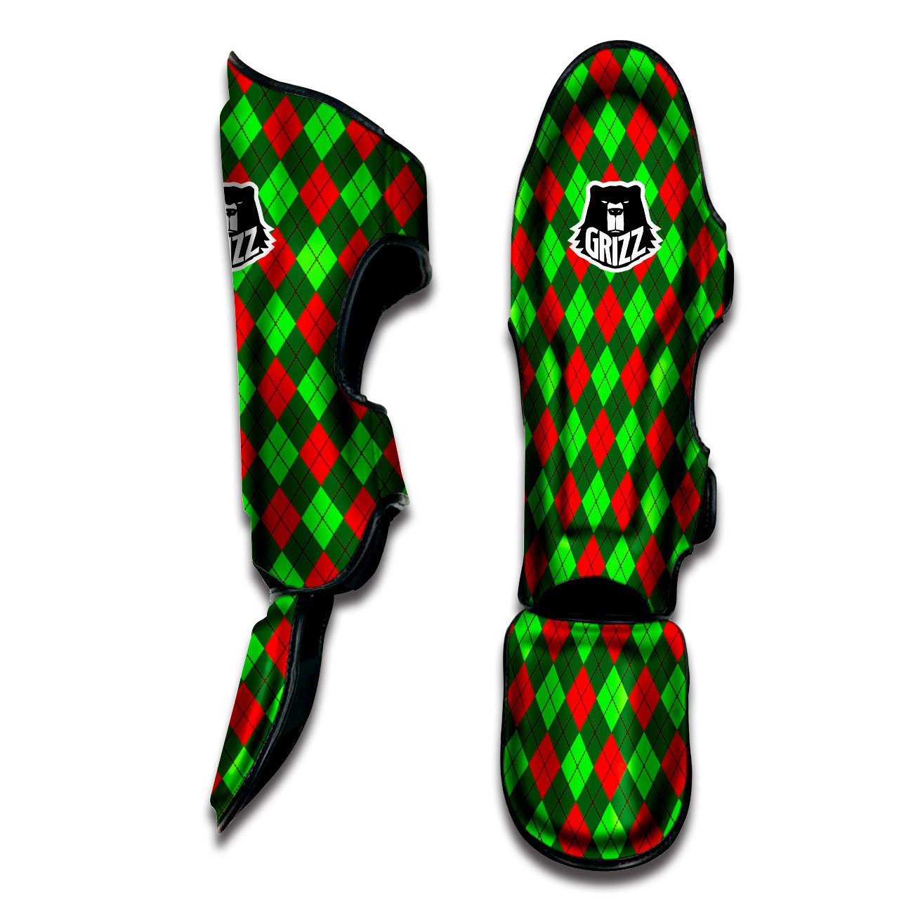 Argyle Green And Red Print Pattern Muay Thai Shin Guards-grizzshop