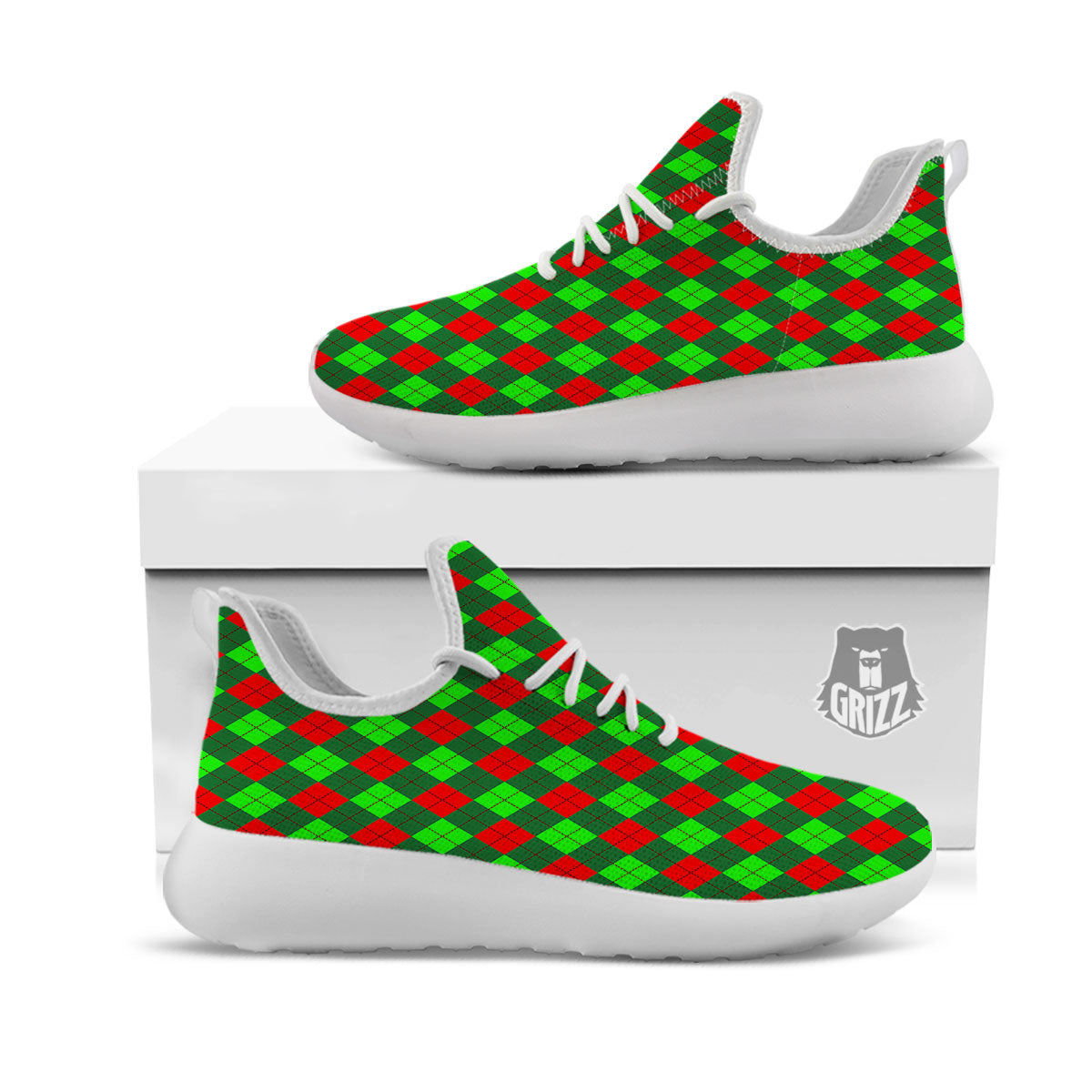 Argyle Green And Red Print Pattern White Athletic Shoes-grizzshop