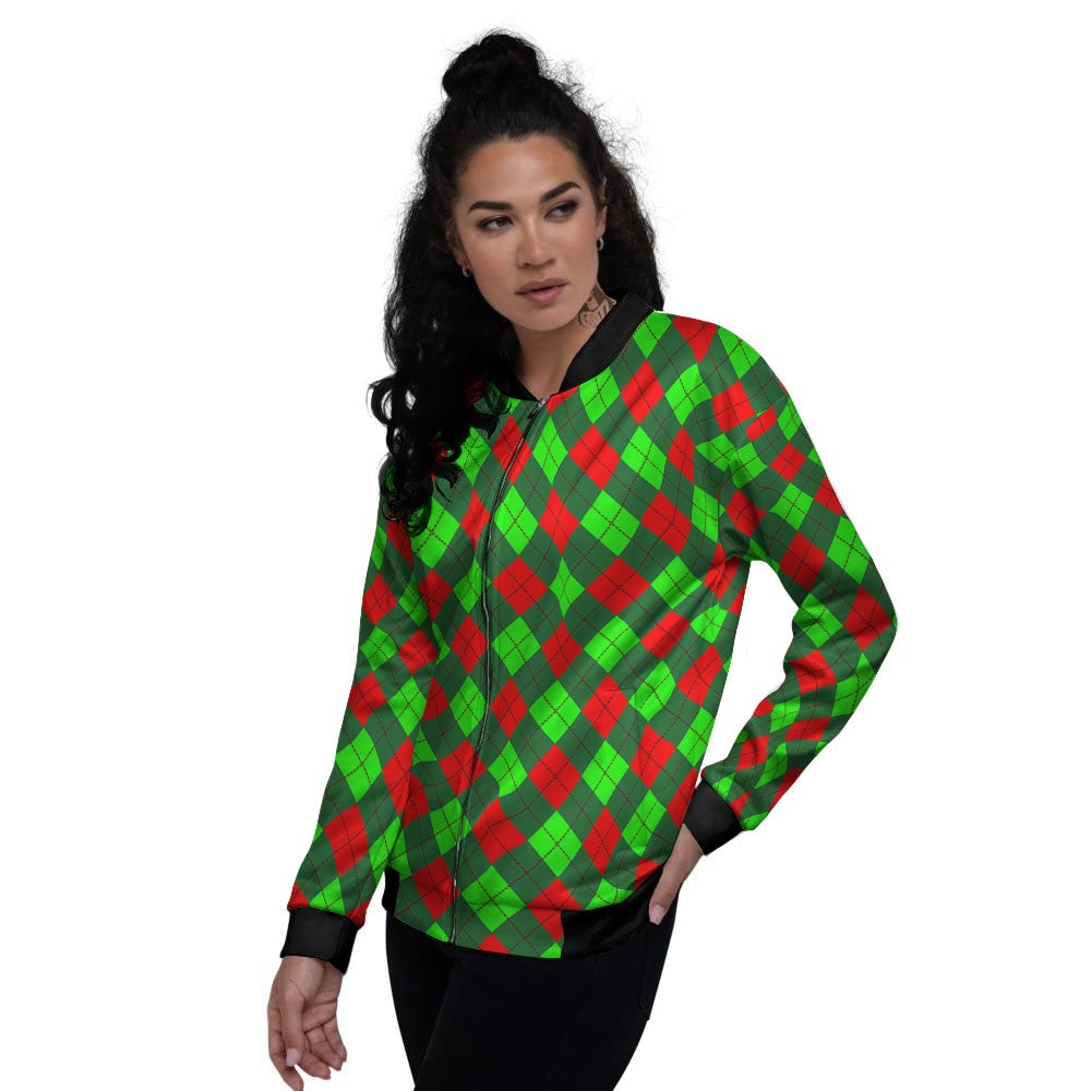 Argyle Green And Red Print Pattern Women's Bomber Jacket-grizzshop