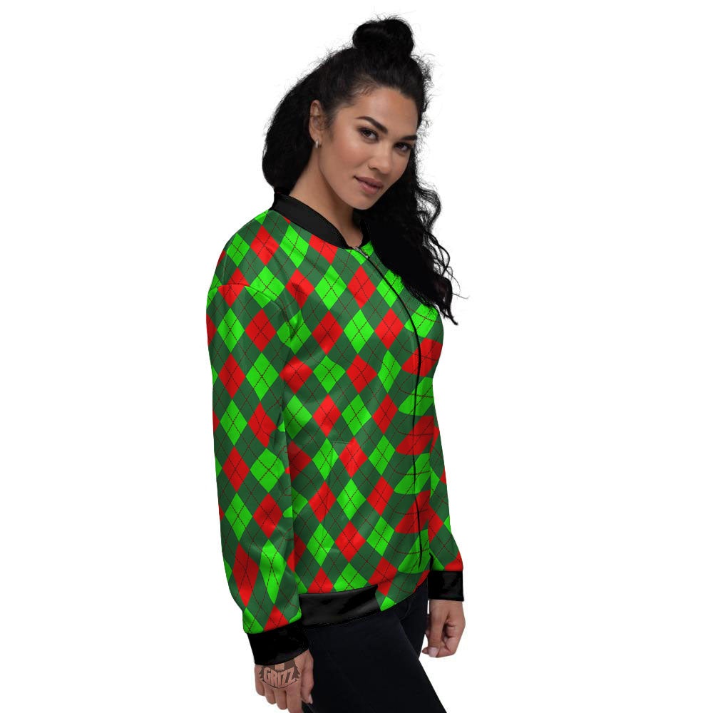 Argyle Green And Red Print Pattern Women's Bomber Jacket-grizzshop