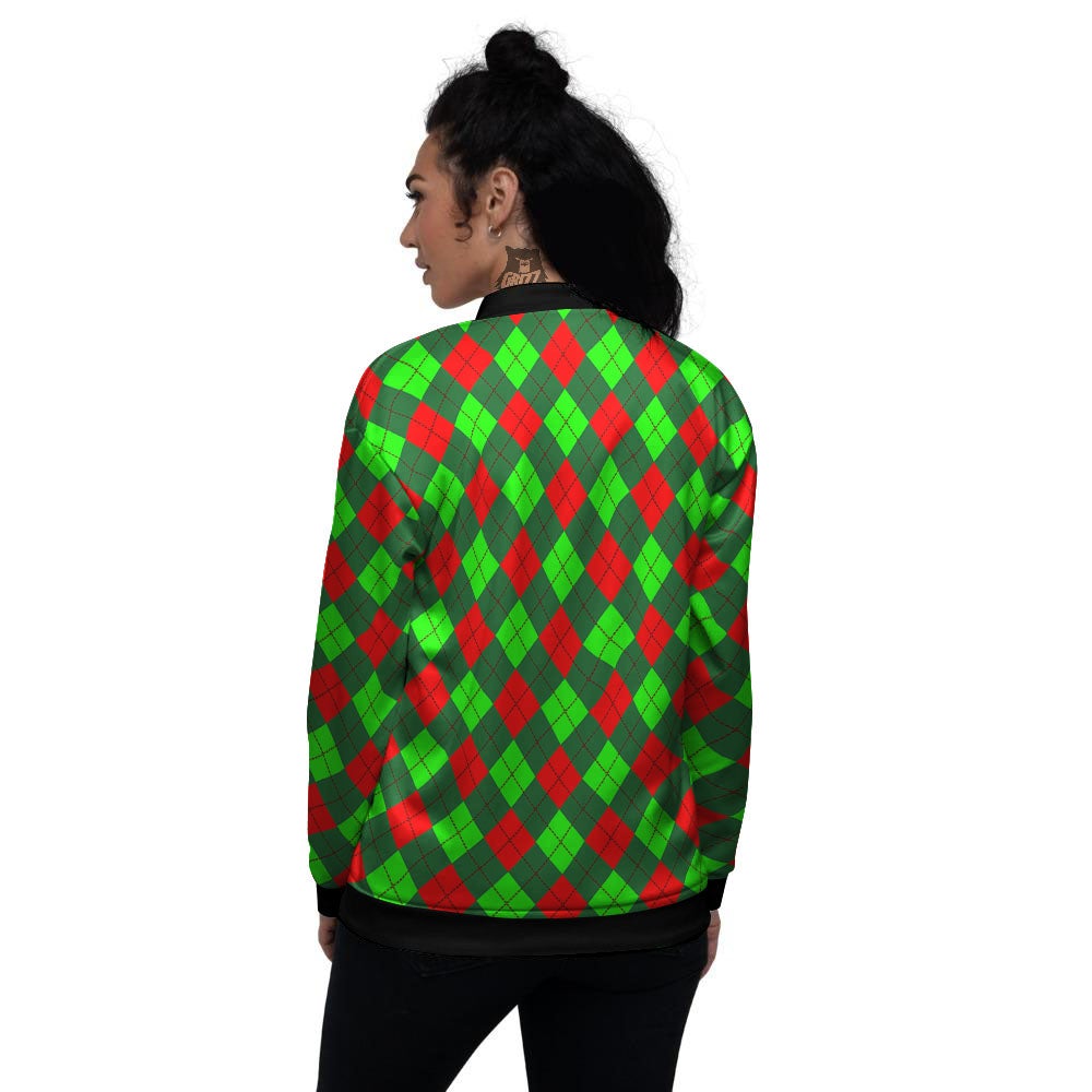 Argyle Green And Red Print Pattern Women's Bomber Jacket-grizzshop