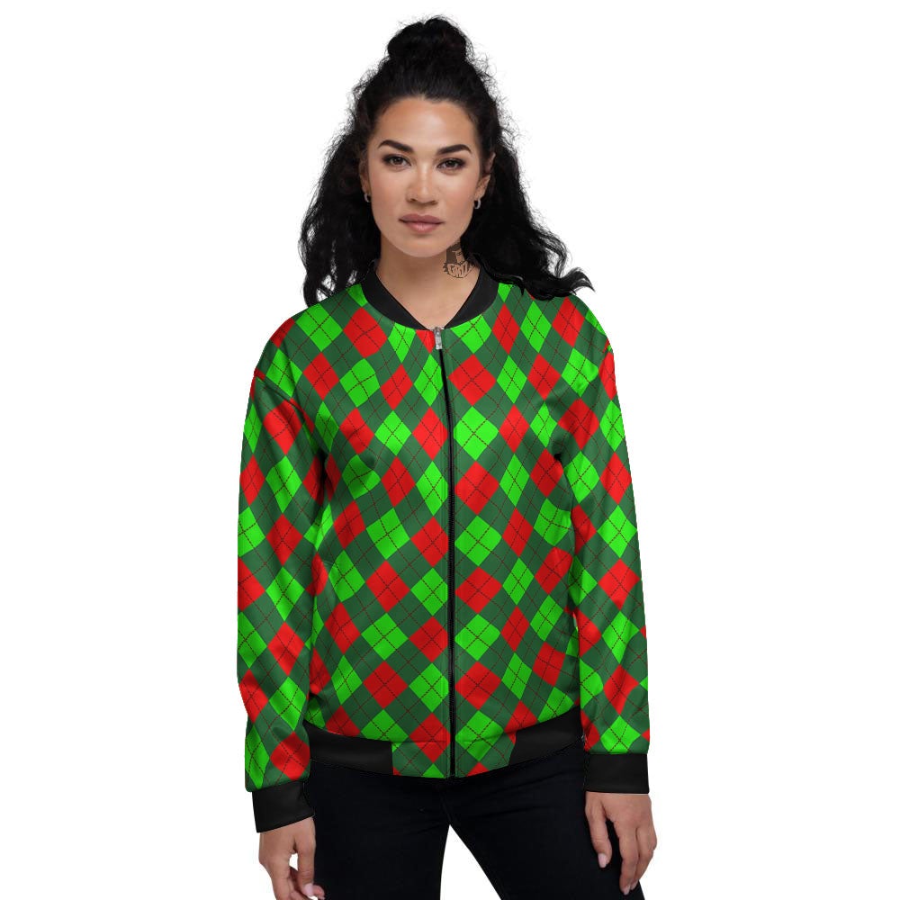 Argyle Green And Red Print Pattern Women's Bomber Jacket-grizzshop