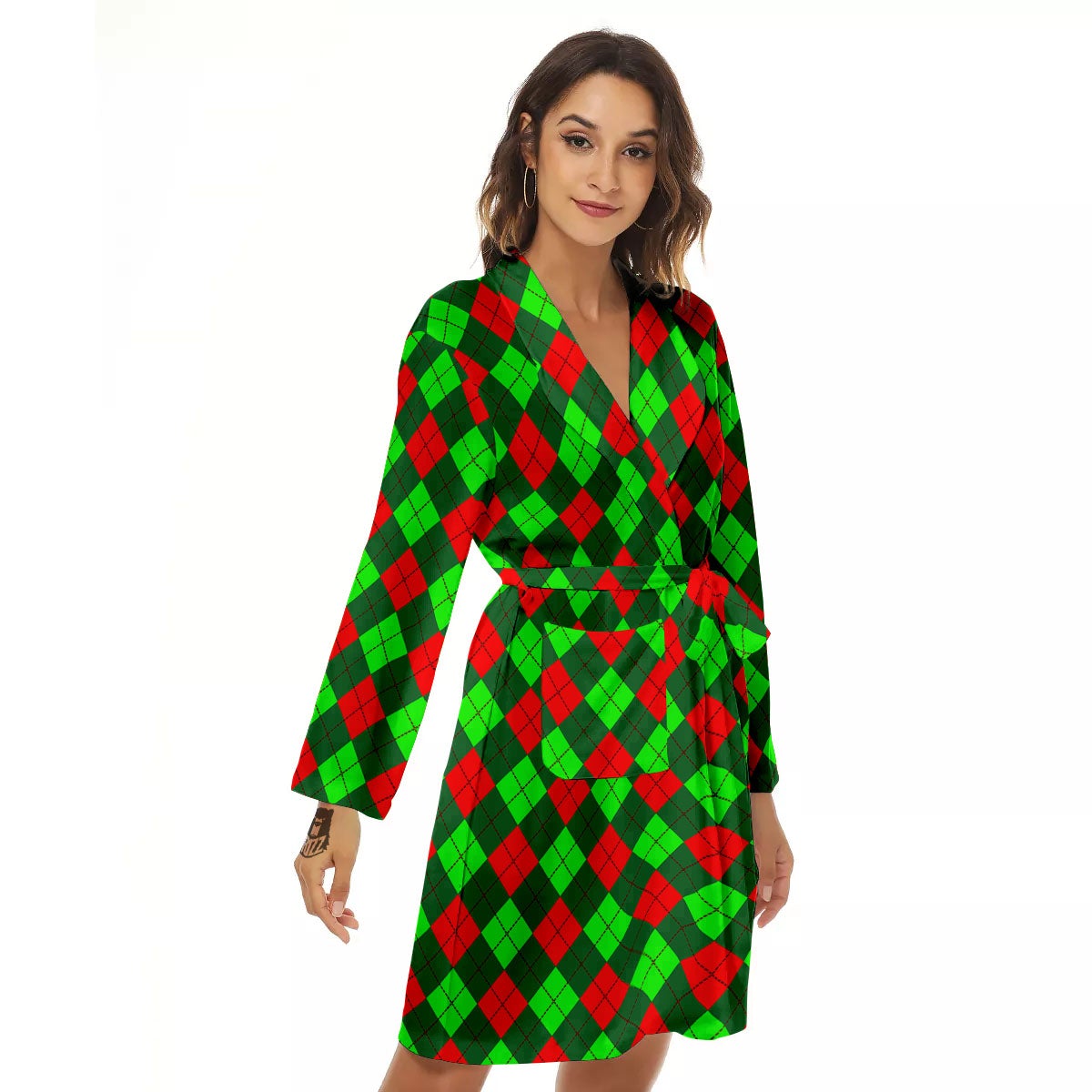 Argyle Green And Red Print Pattern Women's Robe-grizzshop