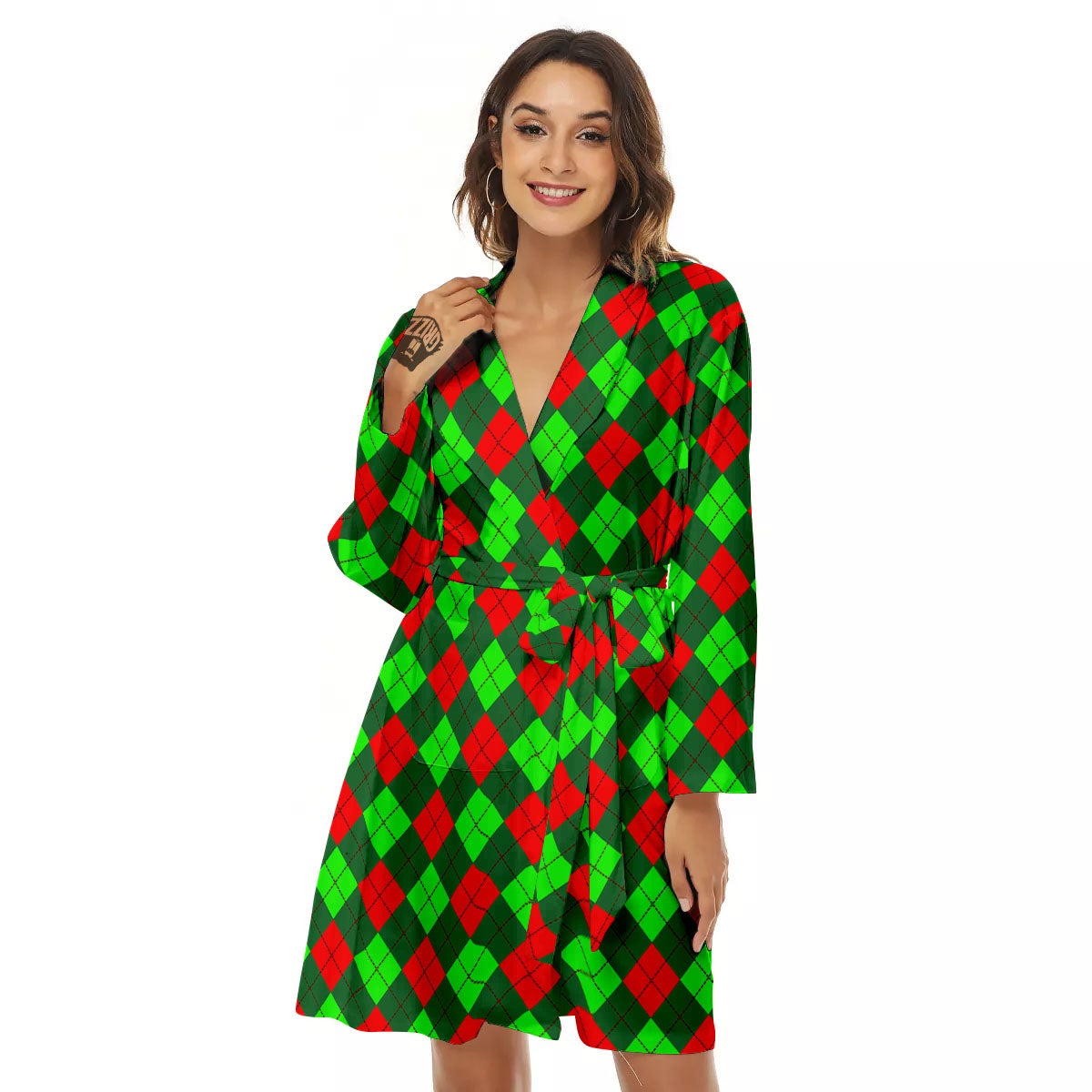 Argyle Green And Red Print Pattern Women's Robe-grizzshop