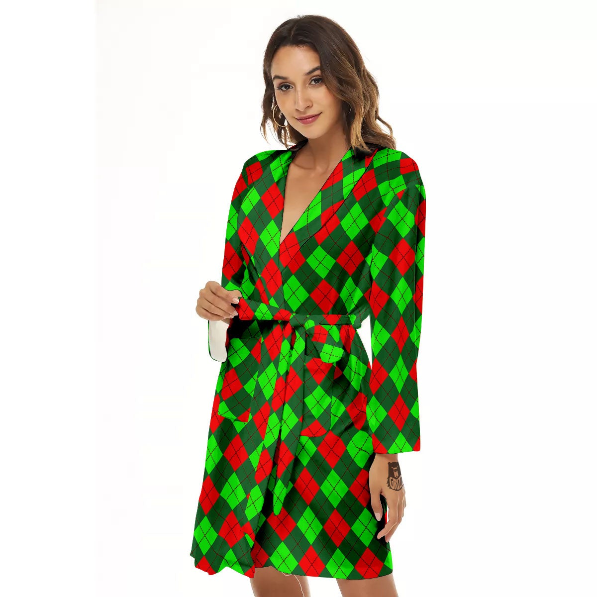 Argyle Green And Red Print Pattern Women's Robe-grizzshop