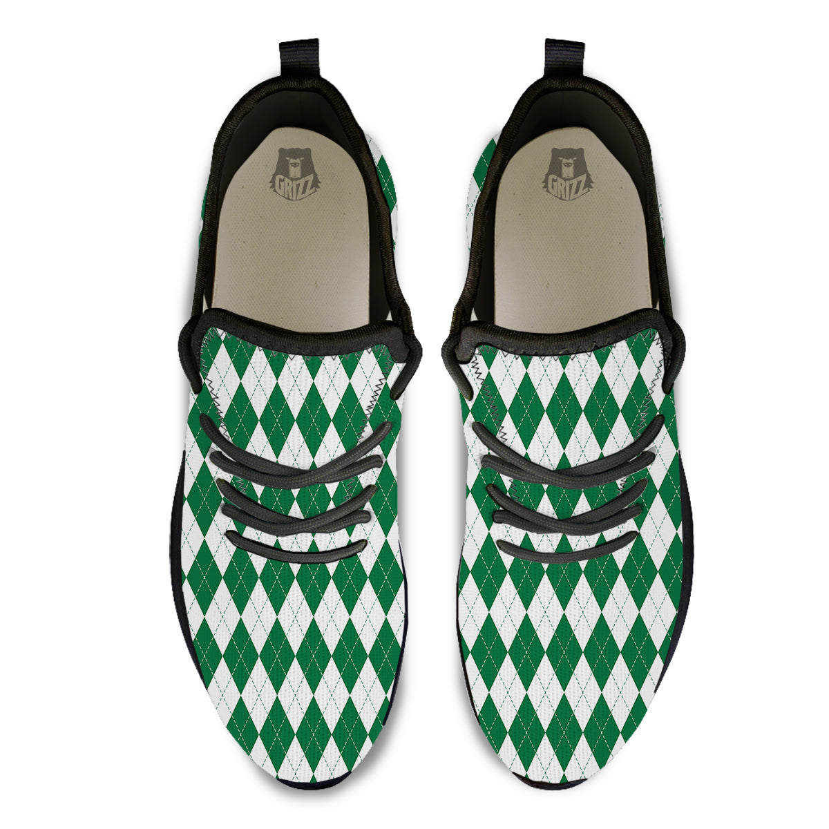 Argyle Green And White Print Pattern Black Athletic Shoes-grizzshop