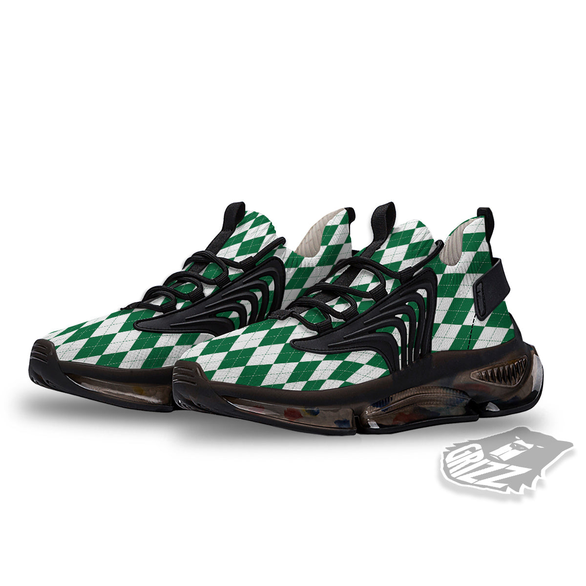 Argyle Green And White Print Pattern Black Gym Shoes-grizzshop
