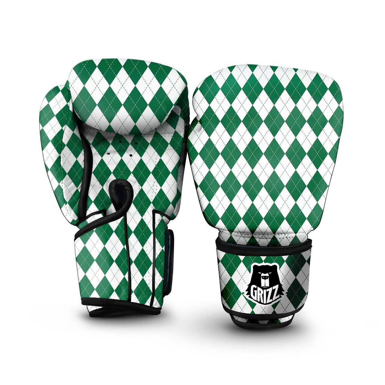 Argyle Green And White Print Pattern Boxing Gloves-grizzshop