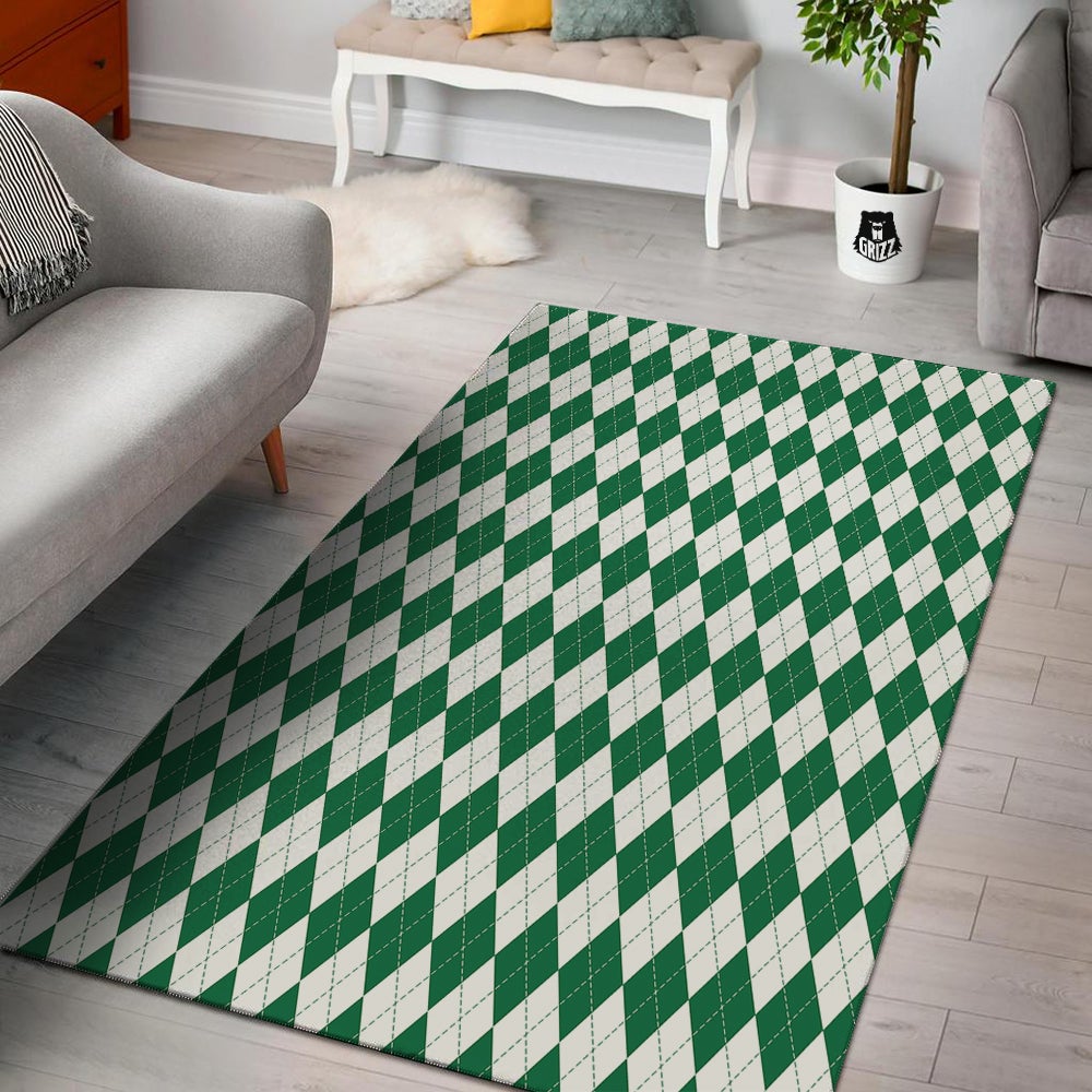Argyle Green And White Print Pattern Floor Mat-grizzshop