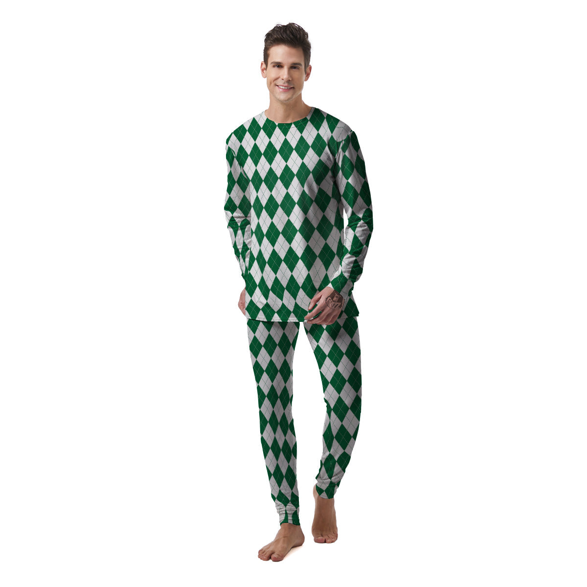 Argyle Green And White Print Pattern Men's Pajamas-grizzshop