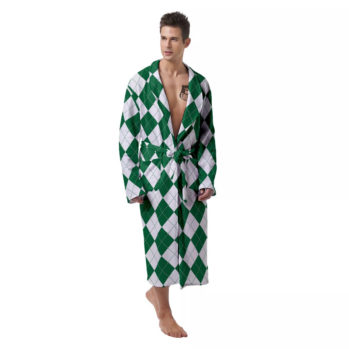 Argyle Green And White Print Pattern Men's Robe-grizzshop