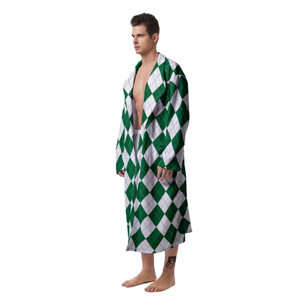 Argyle Green And White Print Pattern Men's Robe-grizzshop