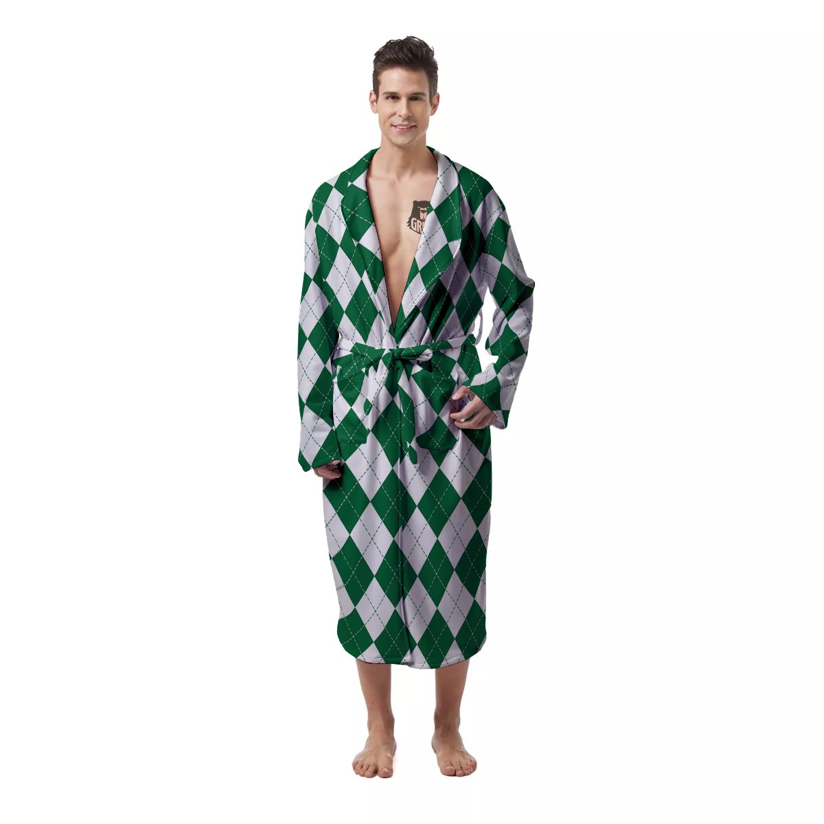 Argyle Green And White Print Pattern Men's Robe-grizzshop