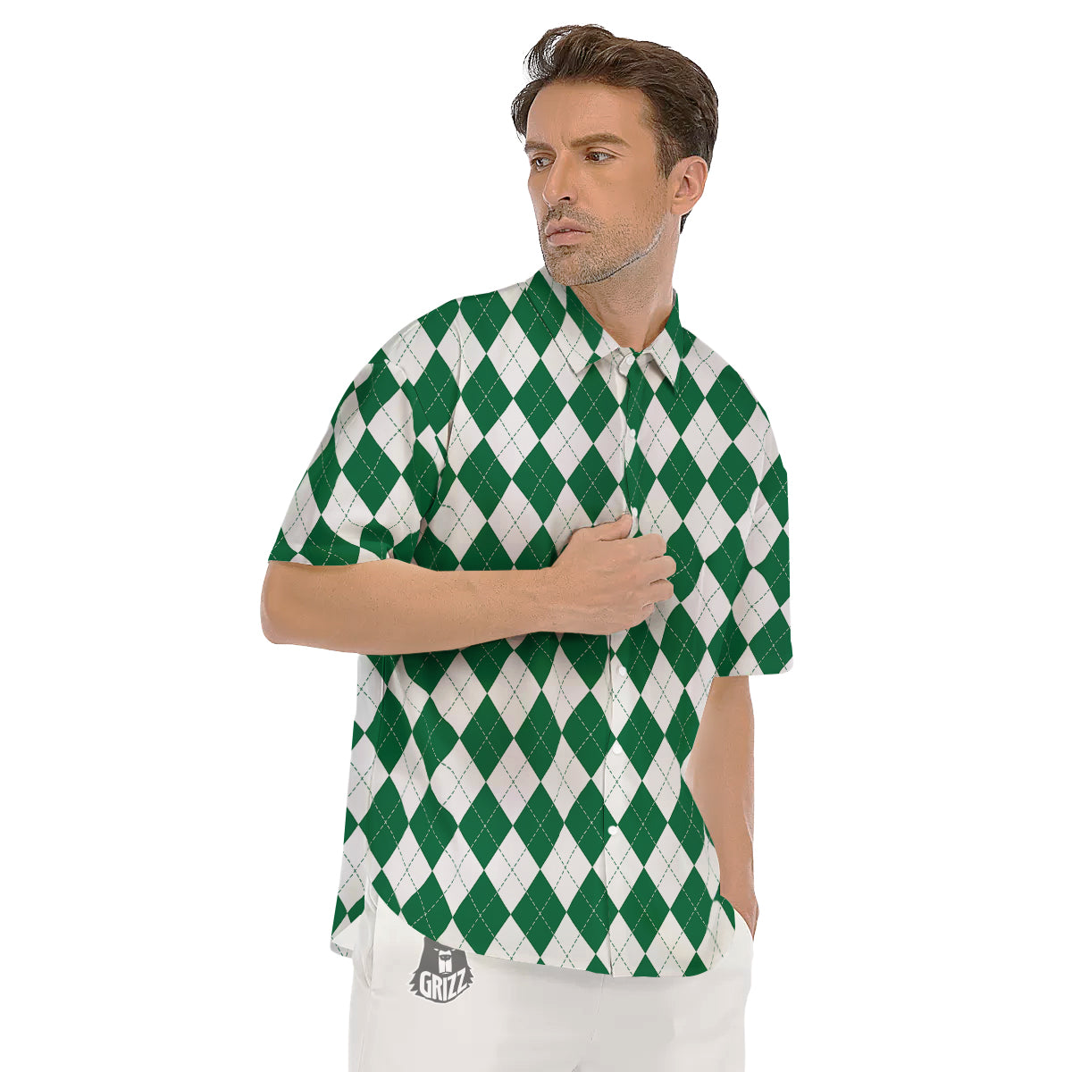 Argyle Green And White Print Pattern Men's Short Sleeve Shirts-grizzshop