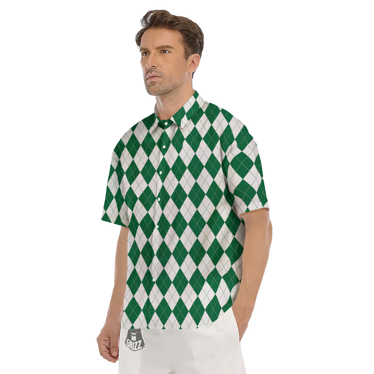 Argyle Green And White Print Pattern Men's Short Sleeve Shirts-grizzshop