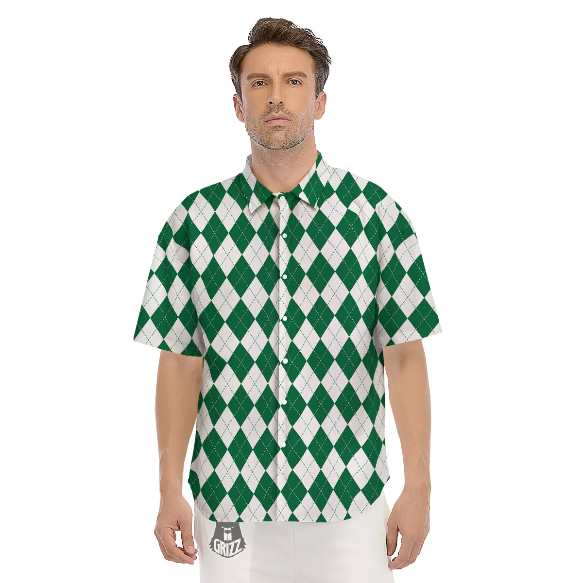 Argyle Green And White Print Pattern Men's Short Sleeve Shirts-grizzshop