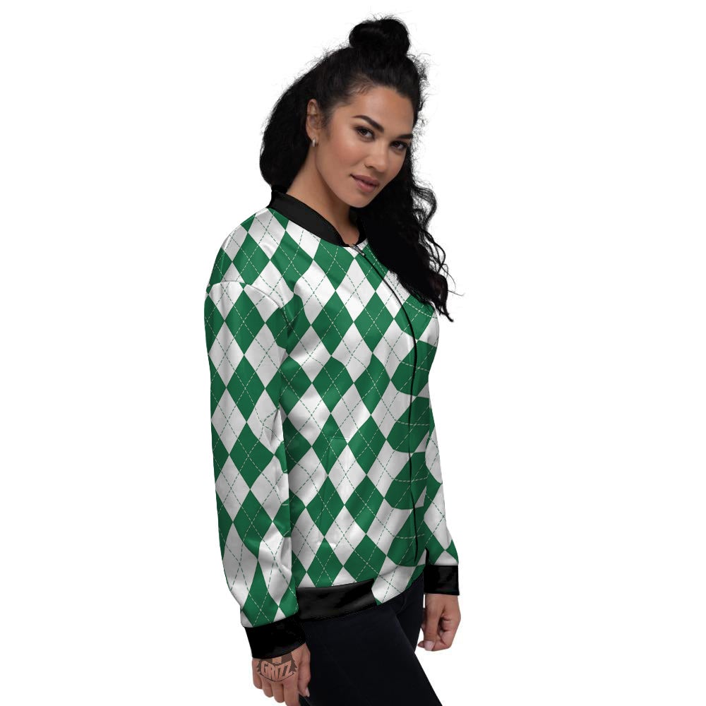 Argyle Green And White Print Pattern Women's Bomber Jacket-grizzshop