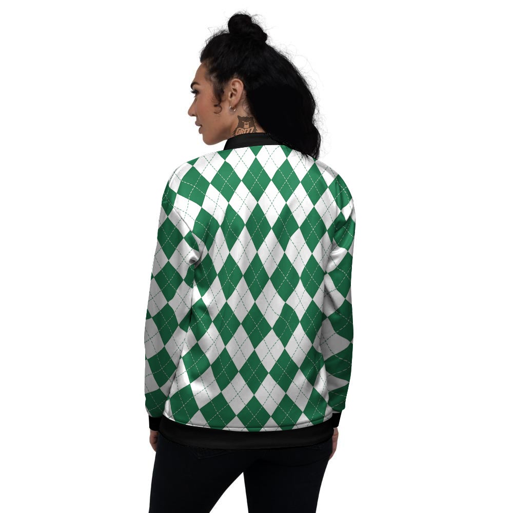 Argyle Green And White Print Pattern Women's Bomber Jacket-grizzshop