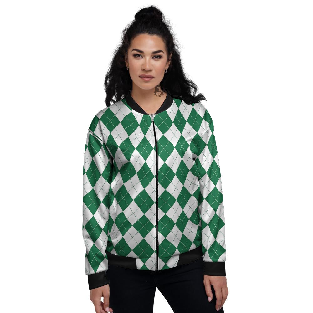 Argyle Green And White Print Pattern Women's Bomber Jacket-grizzshop