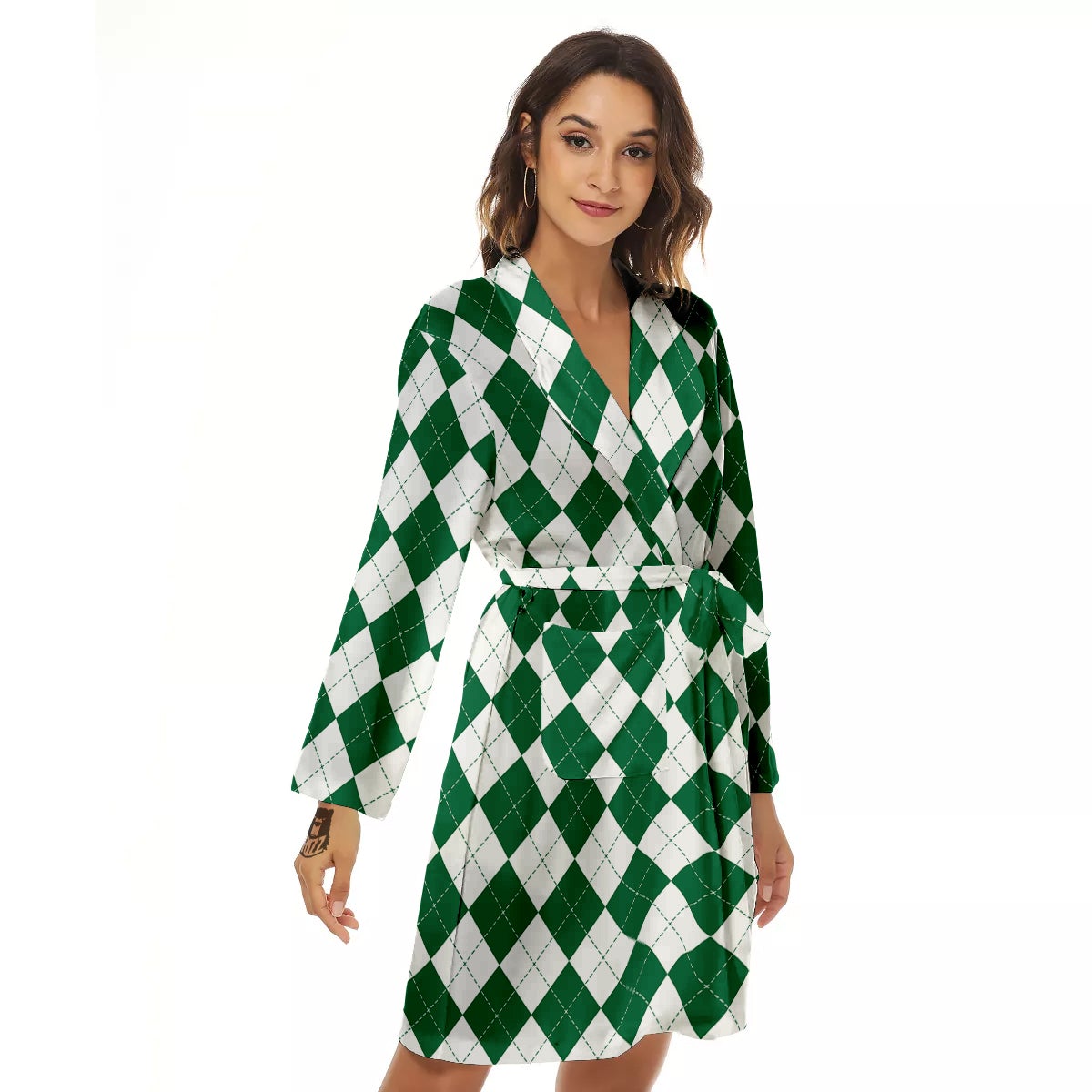 Argyle Green And White Print Pattern Women's Robe-grizzshop