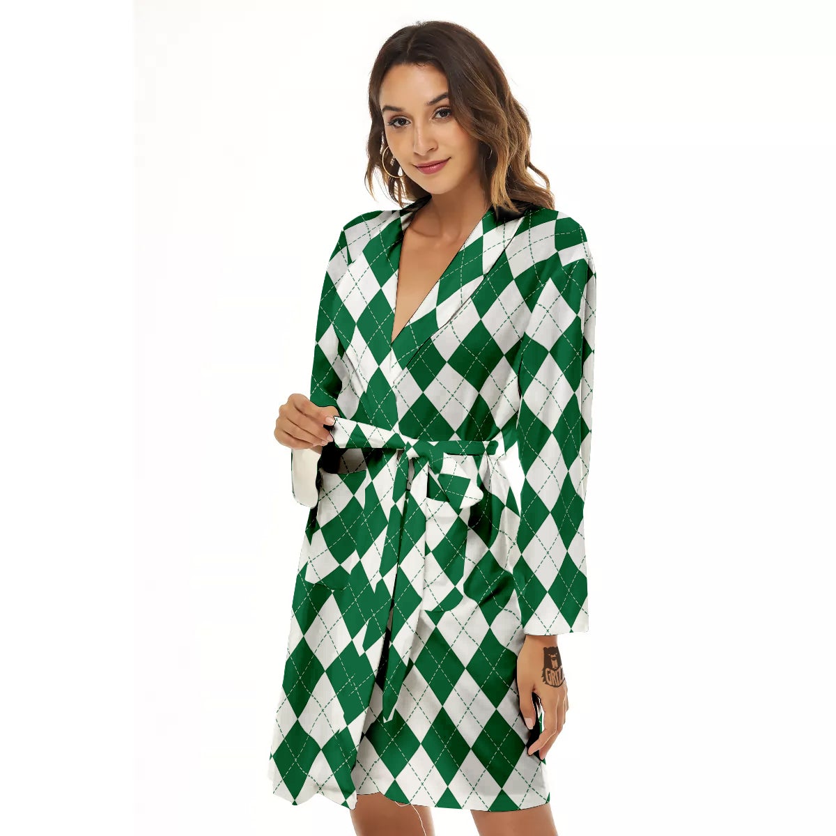 Argyle Green And White Print Pattern Women's Robe-grizzshop
