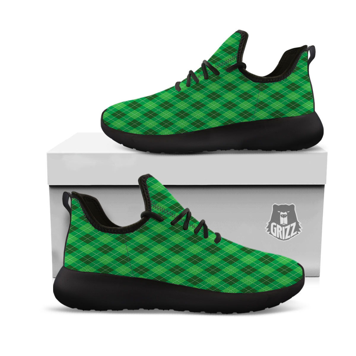 Argyle Green Print Pattern Black Athletic Shoes-grizzshop
