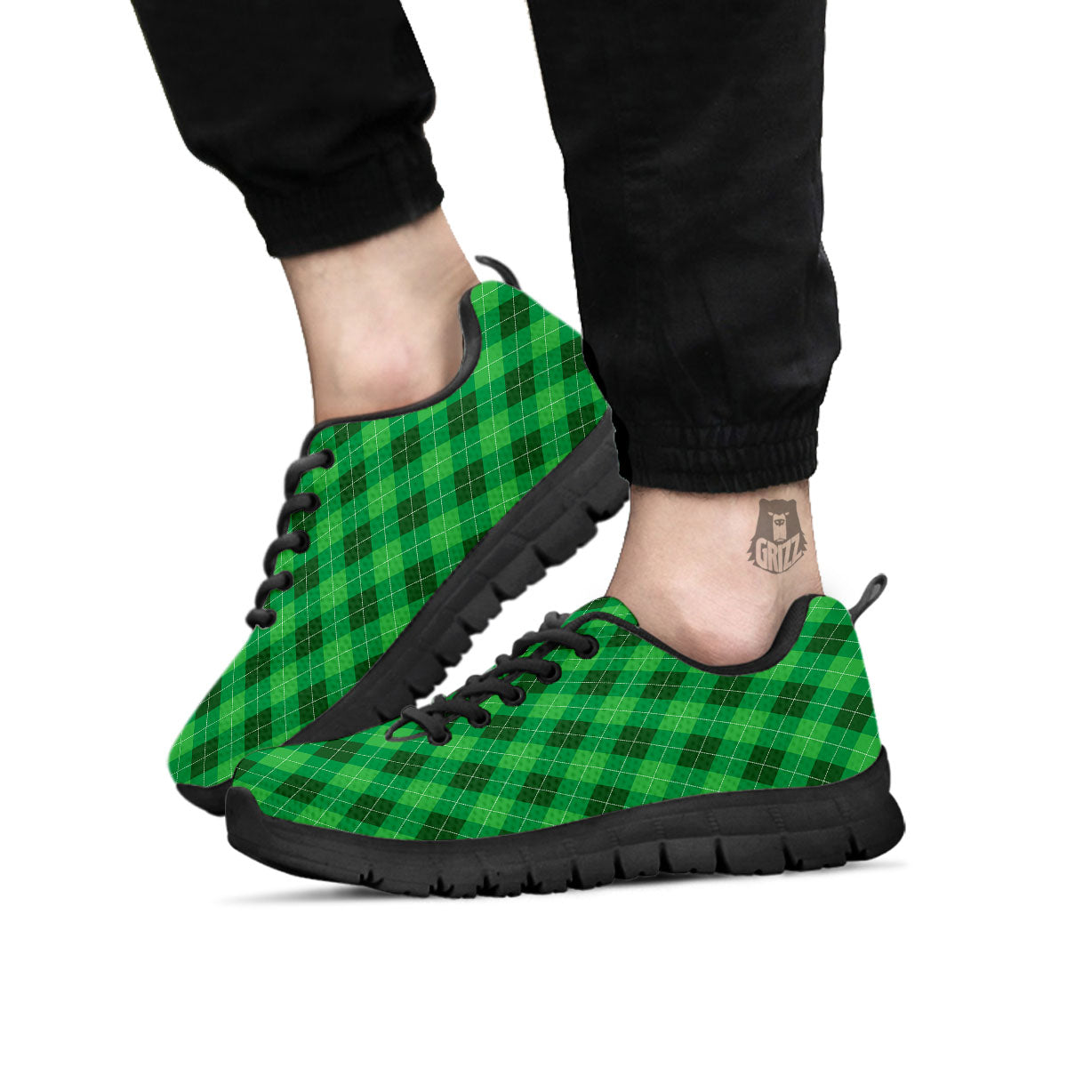 Argyle Green Print Pattern Black Sneaker-grizzshop