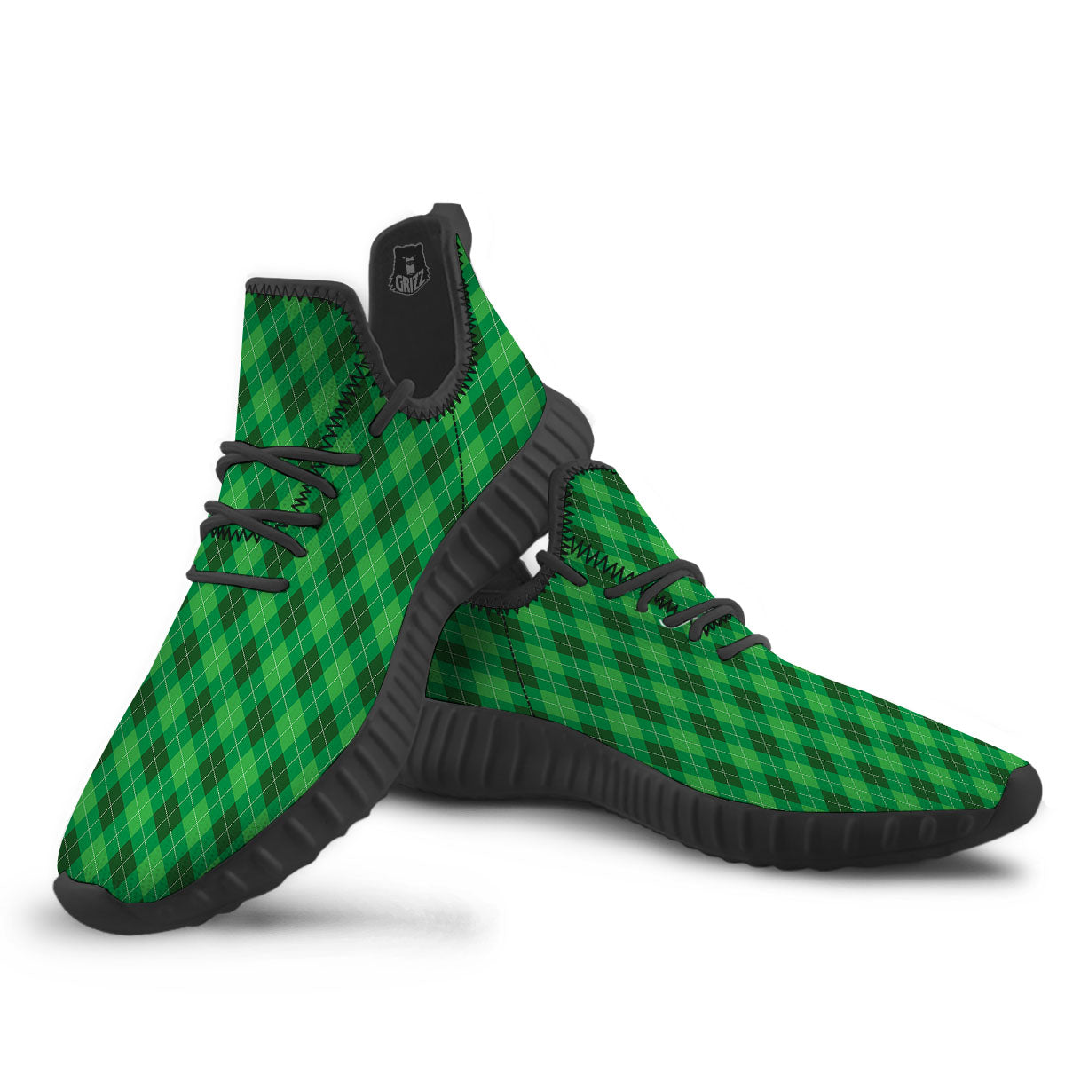 Argyle Green Print Pattern Black Walking Shoes-grizzshop