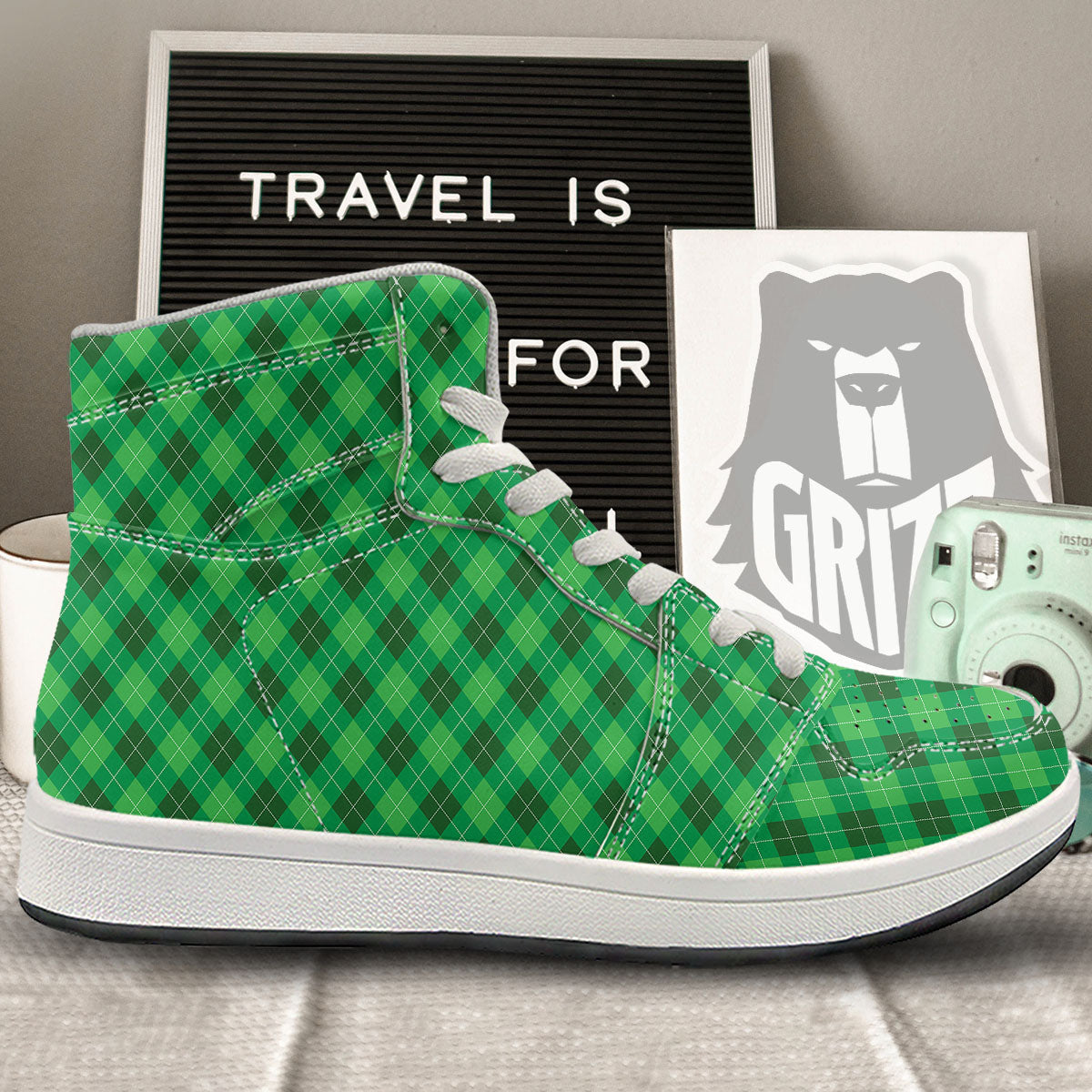 Argyle Green Print Pattern High Top Sneakers-grizzshop