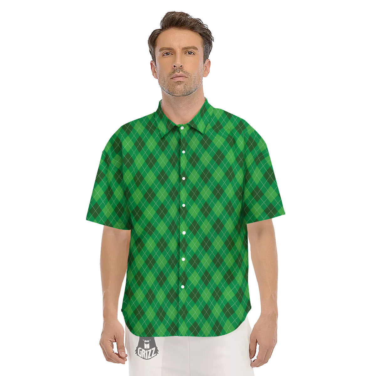 Argyle Green Print Pattern Men's Short Sleeve Shirts-grizzshop