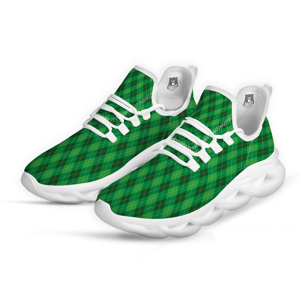 Argyle Green Print Pattern White Running Shoes-grizzshop