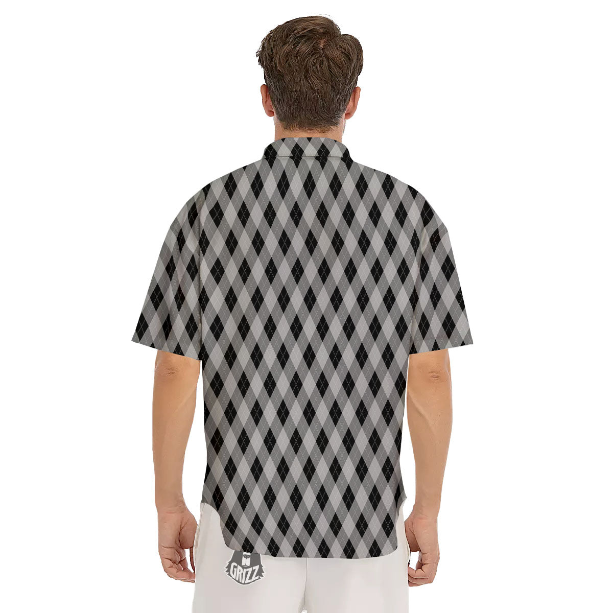 Argyle Grey And Black Print Pattern Men's Short Sleeve Shirts-grizzshop