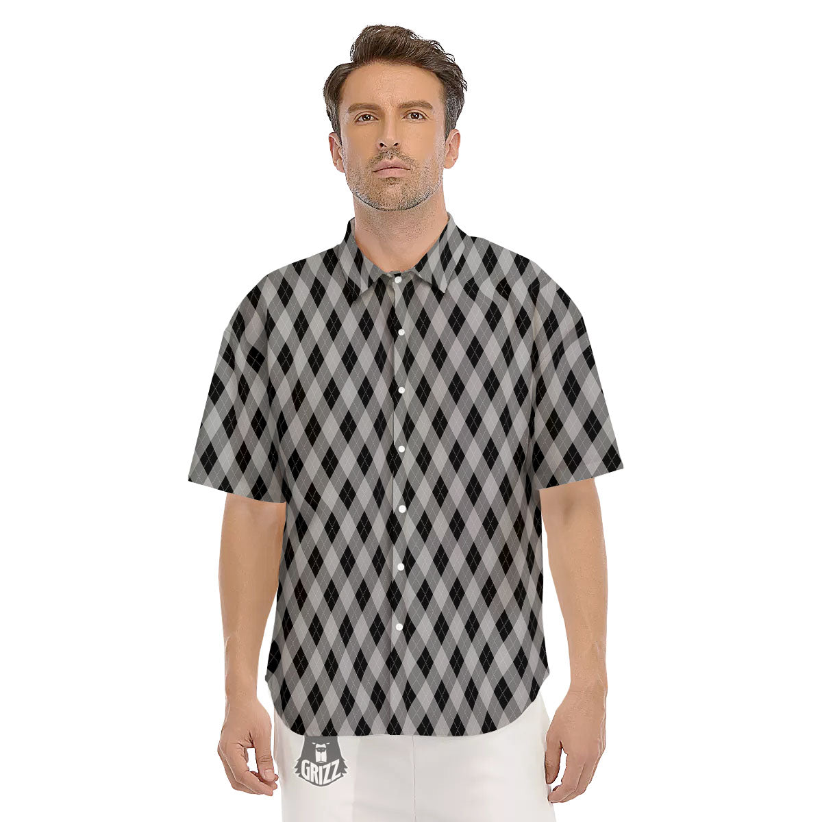 Argyle Grey And Black Print Pattern Men's Short Sleeve Shirts-grizzshop