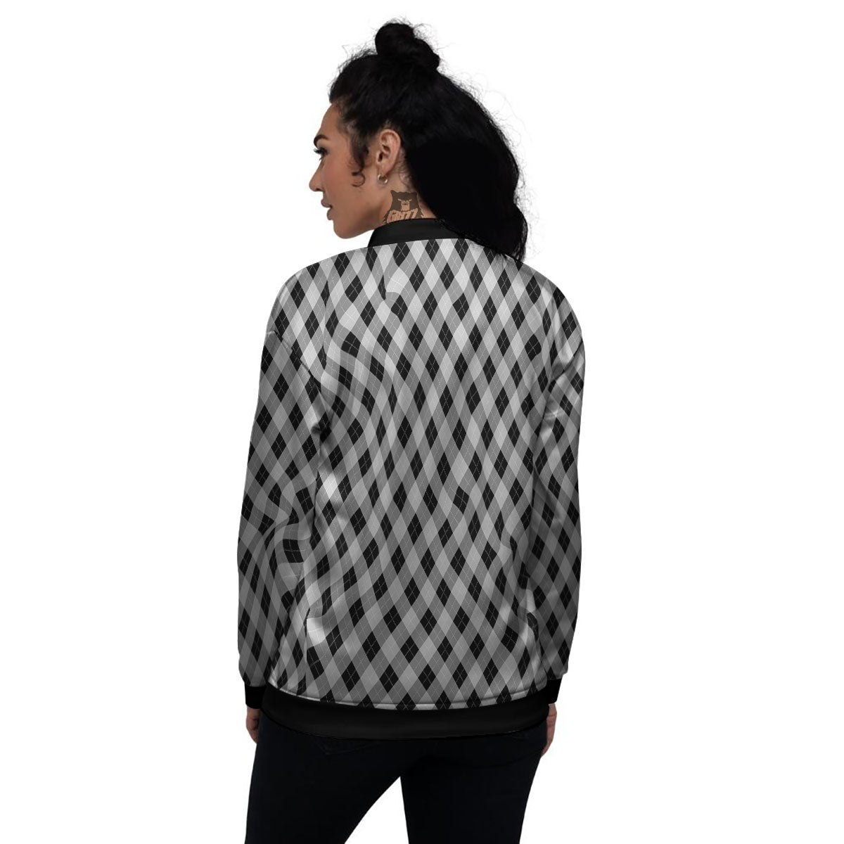 Argyle Grey And Black Print Pattern Women's Bomber Jacket-grizzshop