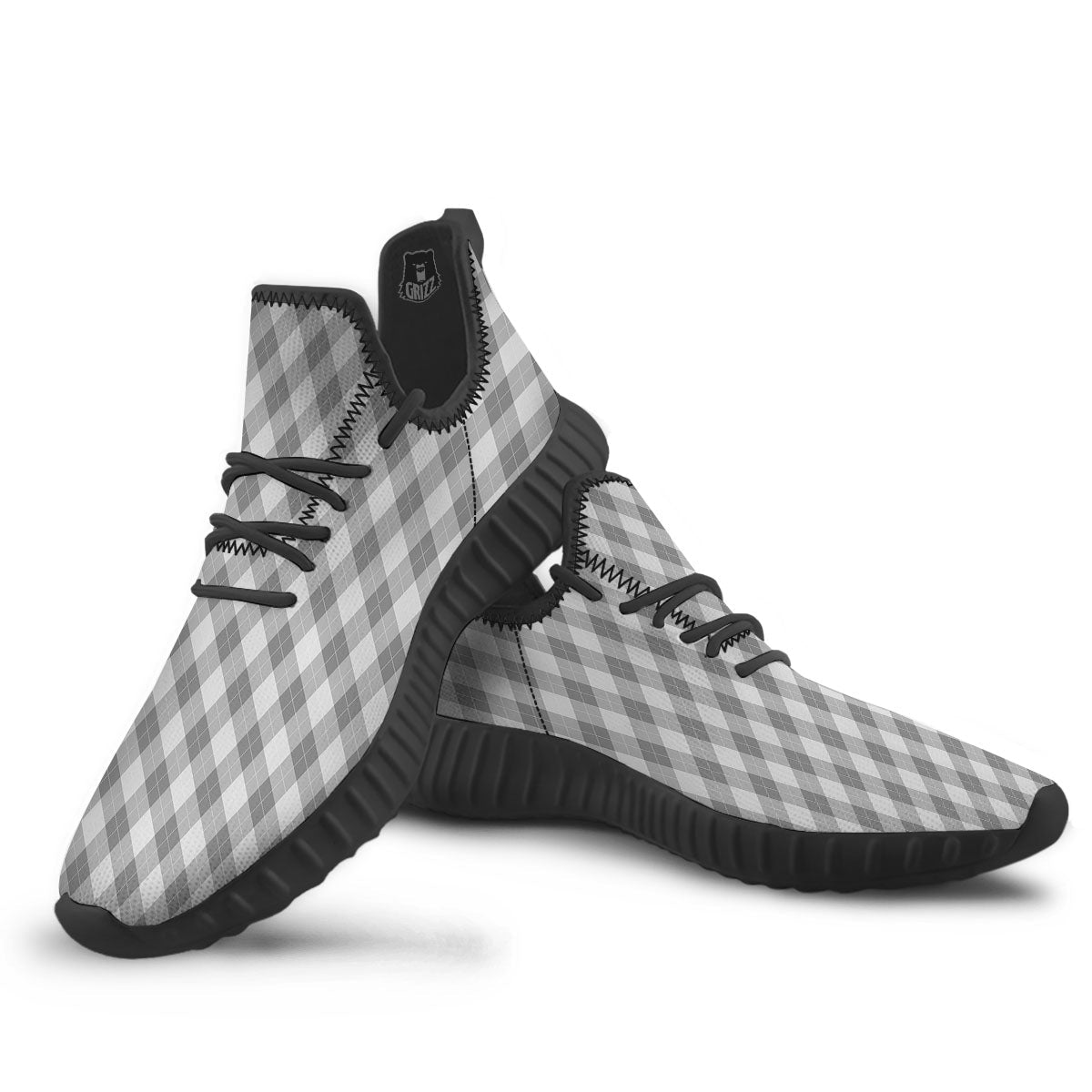 Argyle Grey Print Pattern Black Walking Shoes-grizzshop