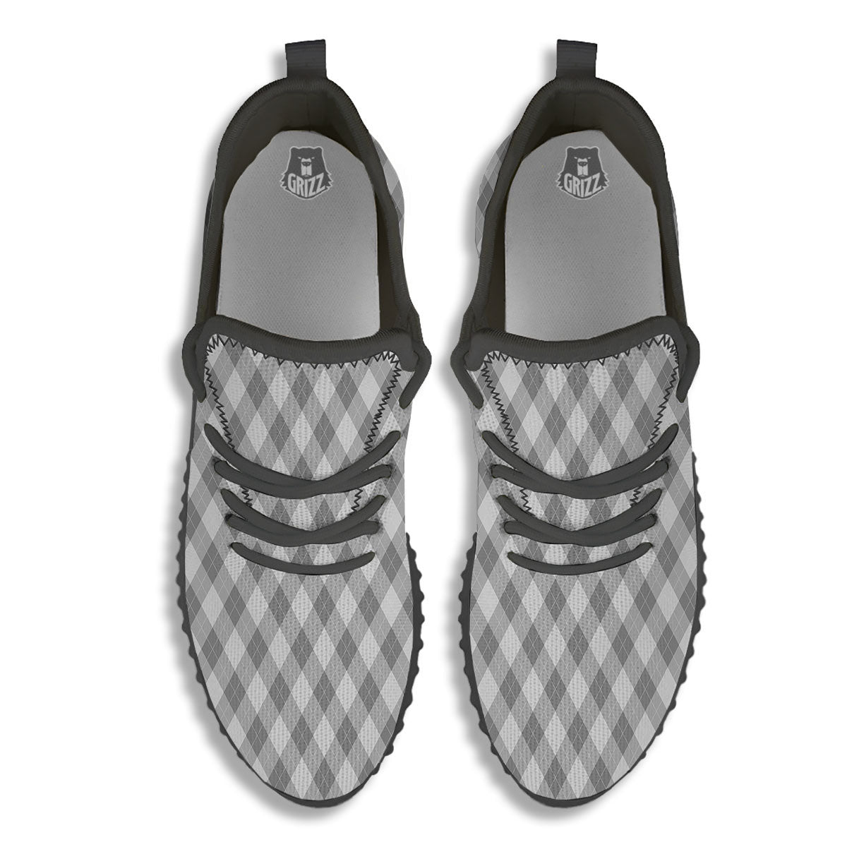 Argyle Grey Print Pattern Black Walking Shoes-grizzshop