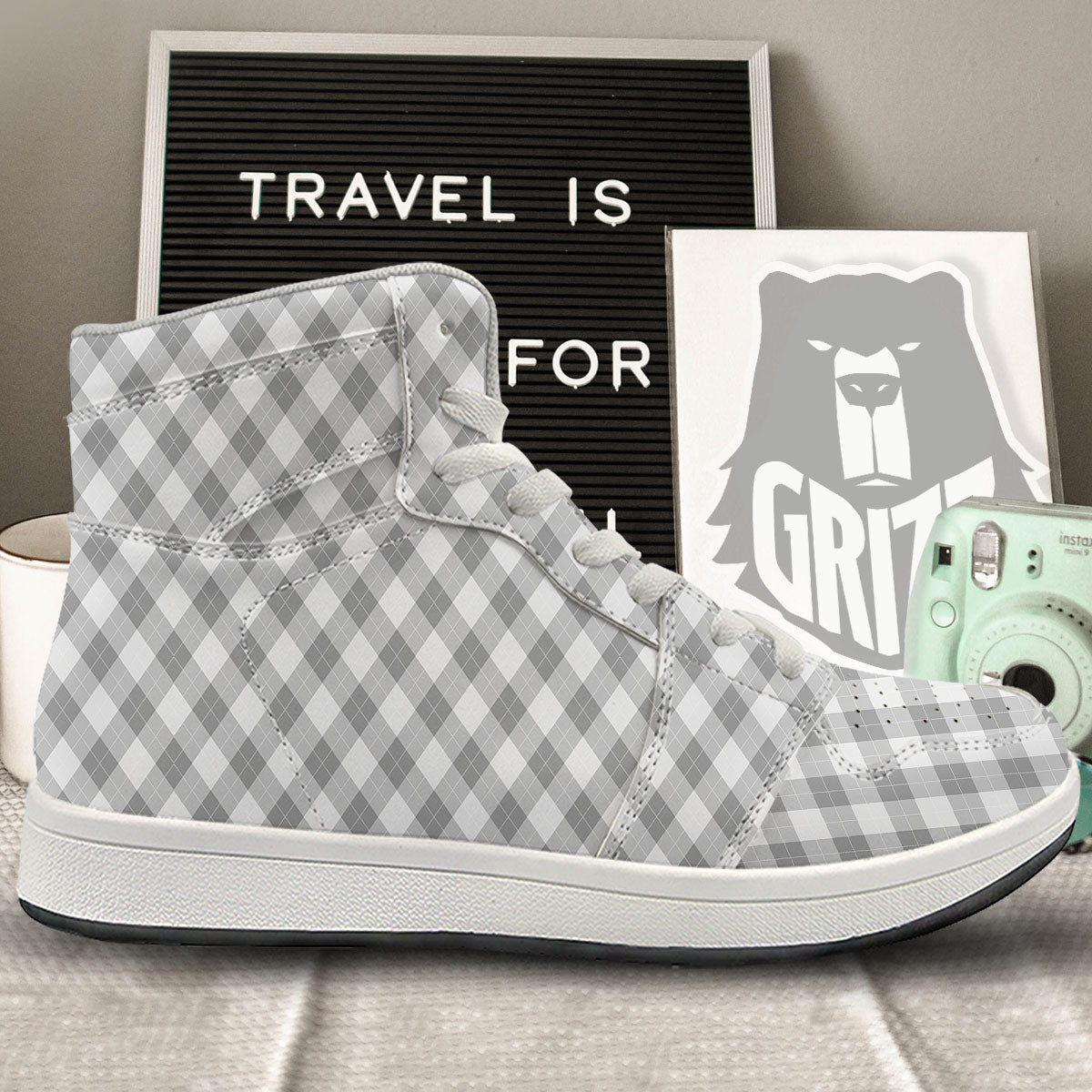 Argyle Grey Print Pattern High Top Sneakers-grizzshop