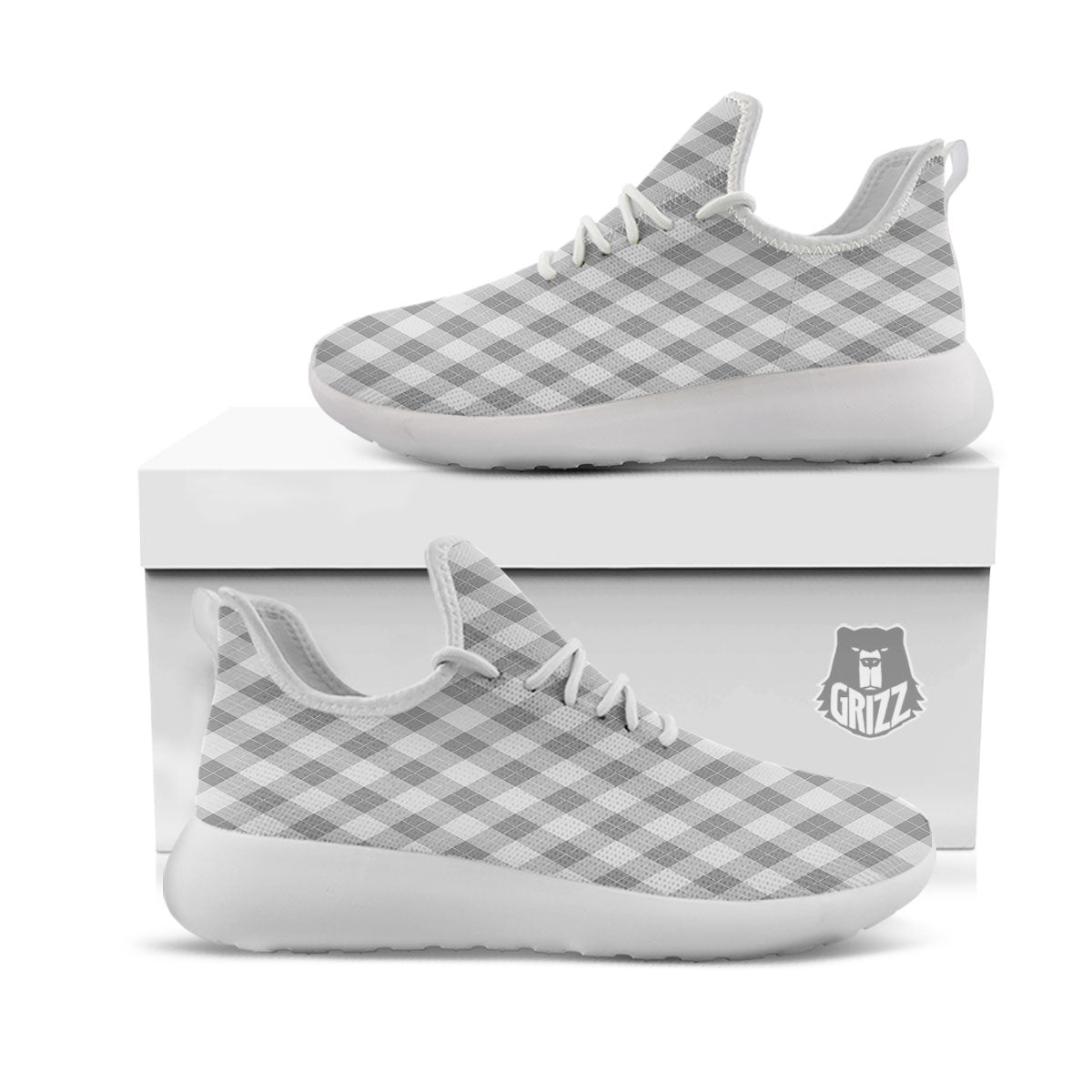Argyle Grey Print Pattern White Athletic Shoes-grizzshop
