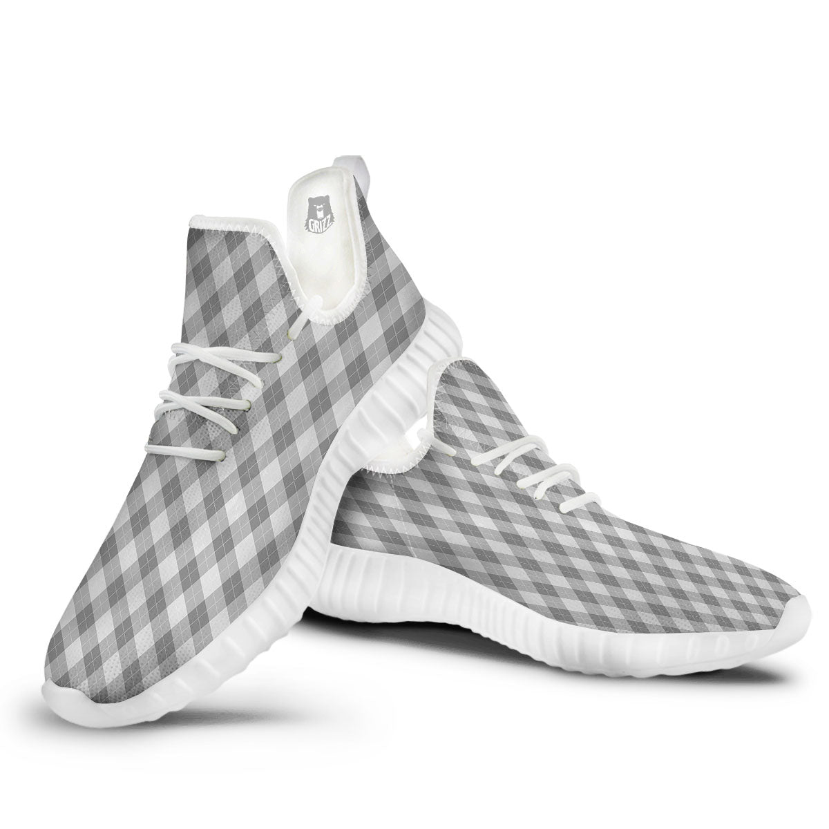 Argyle Grey Print Pattern White Walking Shoes-grizzshop