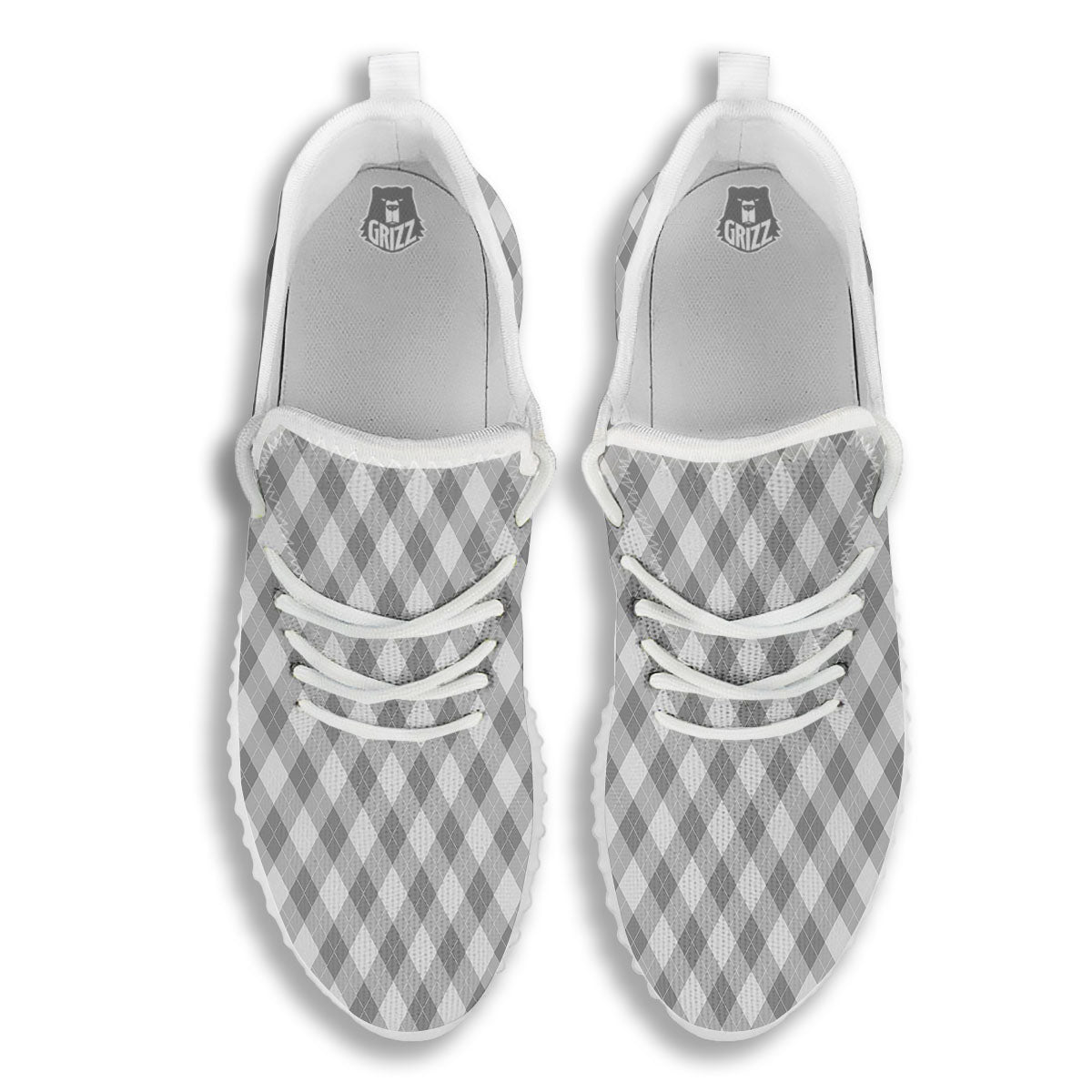 Argyle Grey Print Pattern White Walking Shoes-grizzshop