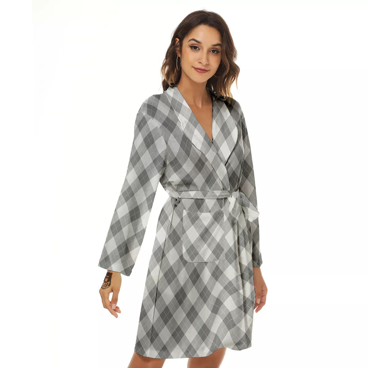 Argyle Grey Print Pattern Women's Robe-grizzshop