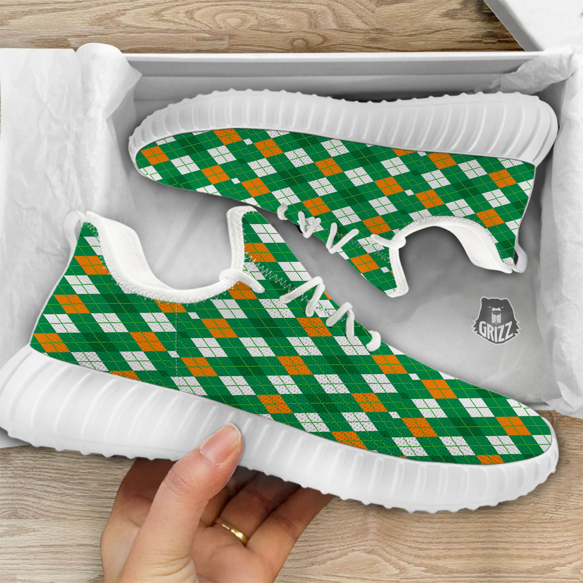Argyle Irish Print Pattern White Walking Shoes-grizzshop