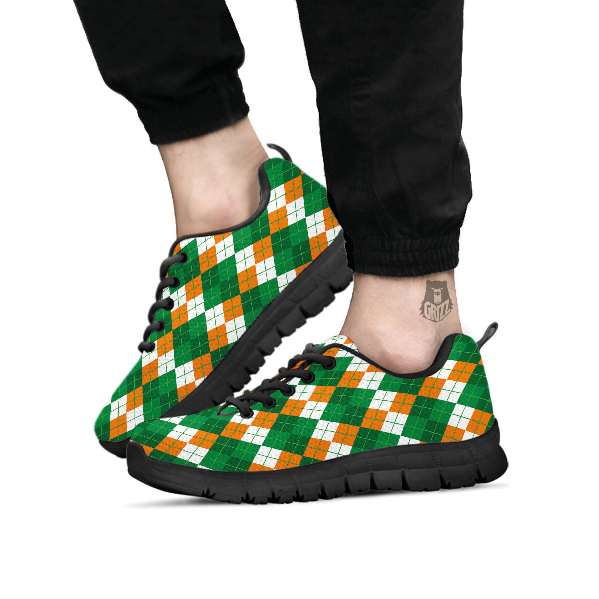 Argyle Irish Themed Print Pattern Black Sneaker-grizzshop