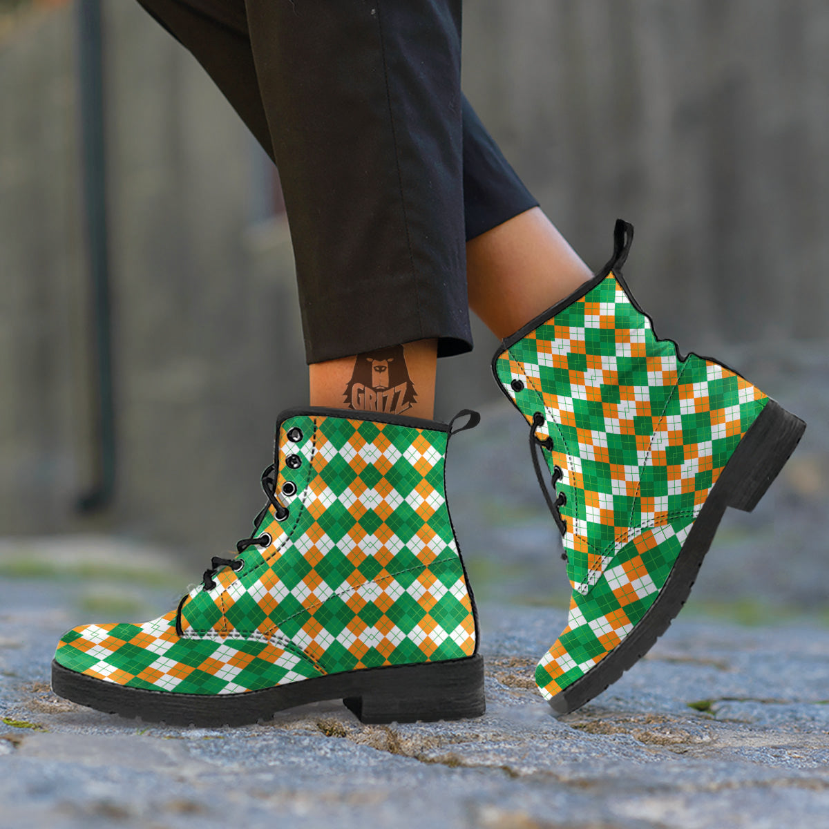 Argyle Irish Themed Print Pattern Leather Boots-grizzshop