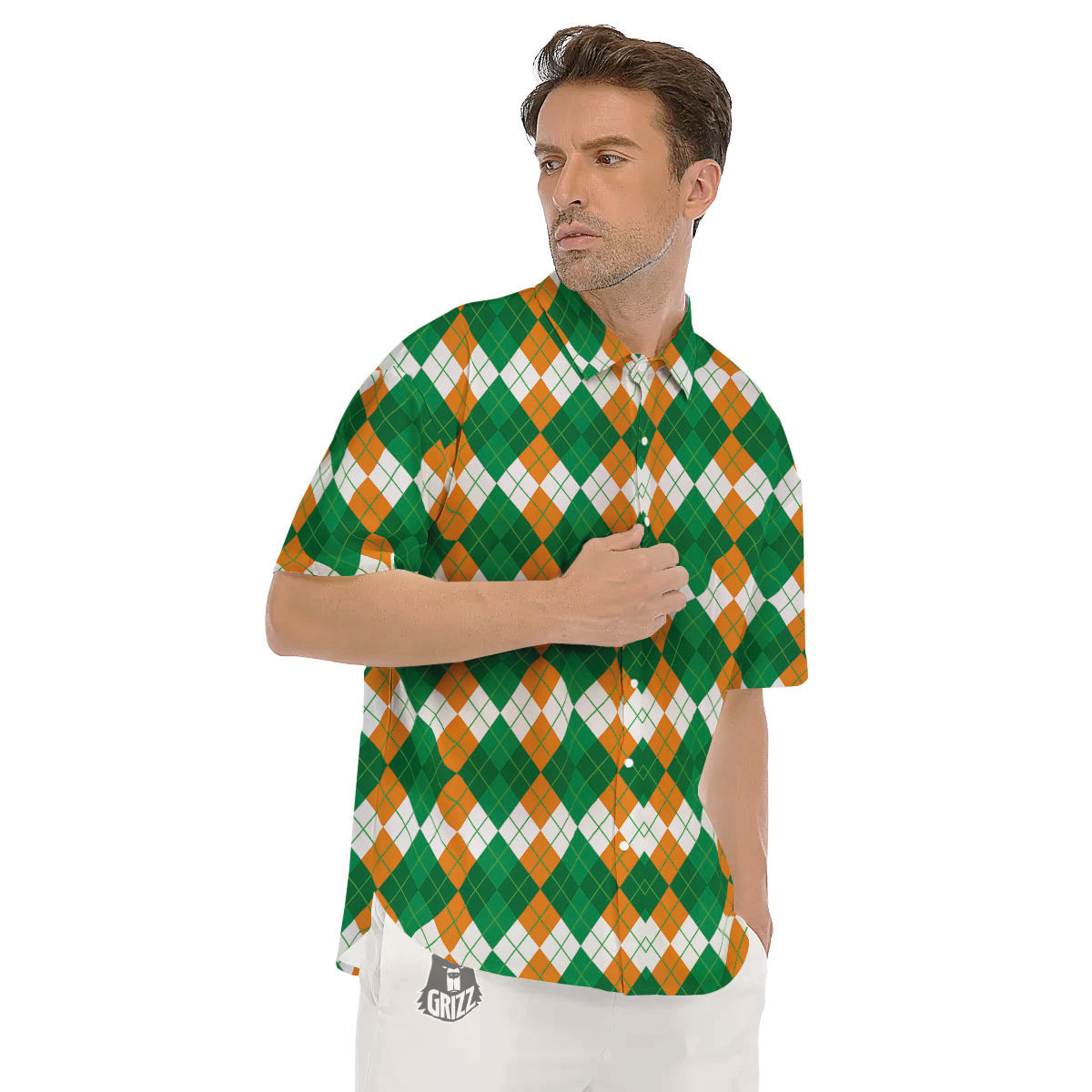 Argyle Irish Themed Print Pattern Men's Short Sleeve Shirts-grizzshop