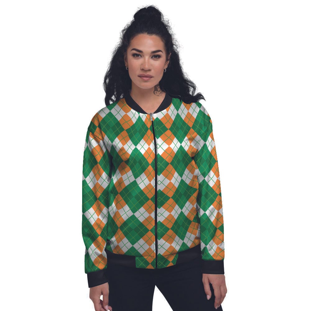 Argyle Irish Themed Print Pattern Women's Bomber Jacket-grizzshop